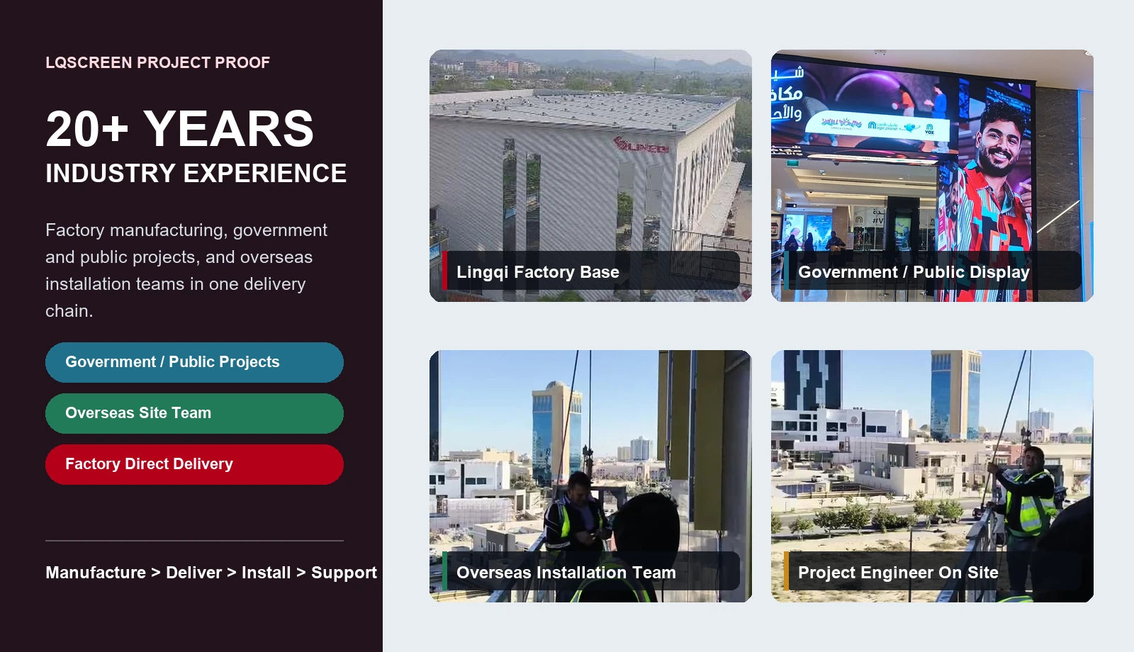 LQSCREEN project capability visual combining factory and overseas installation materials